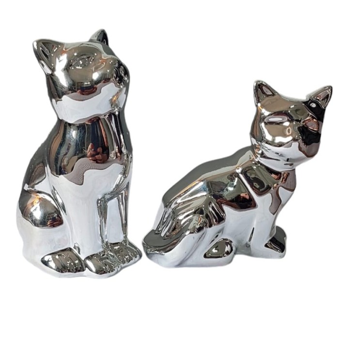 Dupla de Enfeite de Porcelana Gatinhos prata